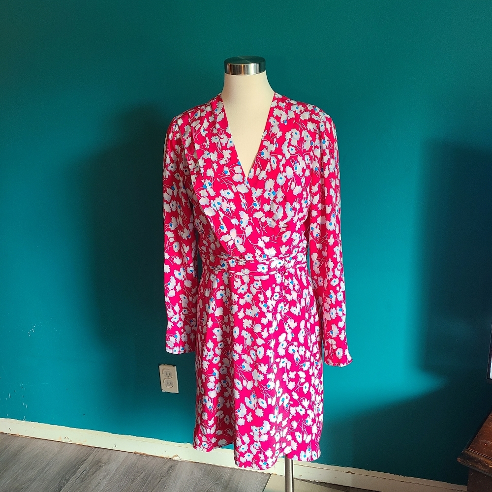 Equipment Femme Collie silk dress pink floral v neck faux wrap button mini dress